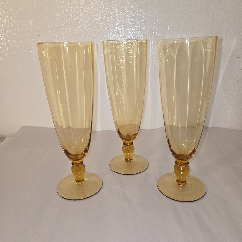 3 Vintage MCM Empoli?  Panel Optic Fluted Glasses 9' Tall No Chips Or Cracks